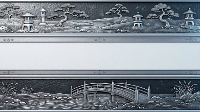 Japanese Garden Silver Frame with Stone Lantern Bridge and Pine