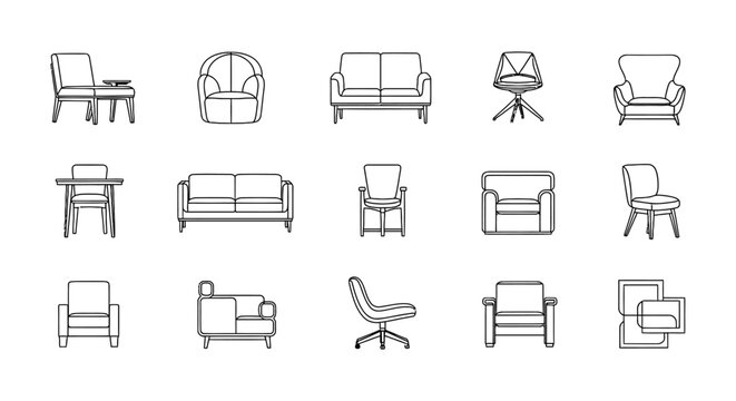 Professional Architectural Furniture Collection Featuring Sofa and Couch Icons in 2D CAD Plan Vector Format for Interior Design Floor Plans and Technical Blueprints.