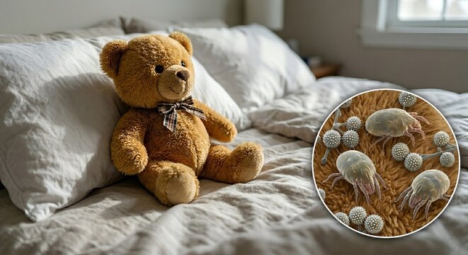 Close-up of a plush teddy bear on an unmade bed with visible dust mites magnified, representing allergens, asthma triggers, and bedroom hygiene