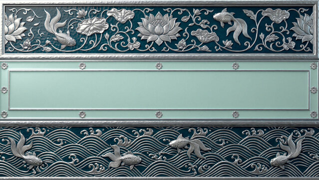 Teal Silver Frame with Lotus Koi Fish and Ocean Waves