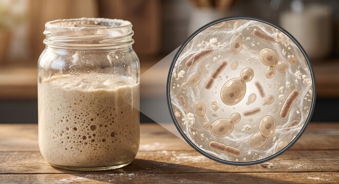 Close-up of fermented sourdough culture with visible bubbles and a wooden spoon, illustrating the complex microbiome behind natural leavening, ideal for bread baking blogs and microbiology education