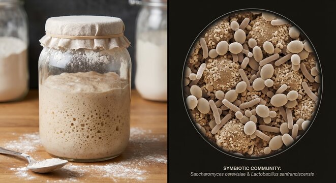 Bubbling active sourdough starter in a glass jar, representing the symbiotic microbial community of wild yeast and lactic acid bacteria, perfect for artisan baking and food science