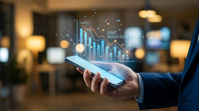 Businessman holding smartphone with virtual graph showing cost reduction and financial analytics in modern office environment