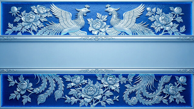 Silver Blue Phoenix Peony Frame Banner Chinese Traditional