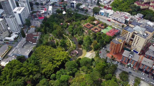 Aerial view of the city of Armenia, Quind&iacute;o, Colombia. Drone footage of Parque de la Vida in Armenia, Quind&iacute;o