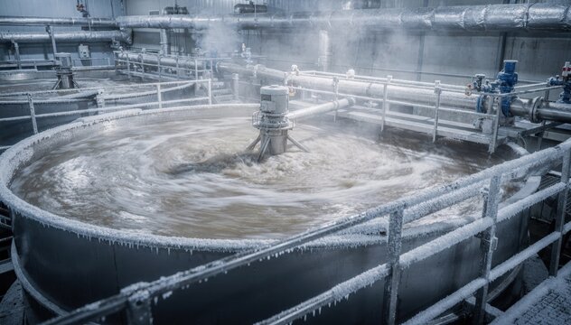 Medium shot capturing tanks mixing alum flocculant in a cold climate facility with frost visible on equipment emphasizing temperaturecontrolled water treatment production.