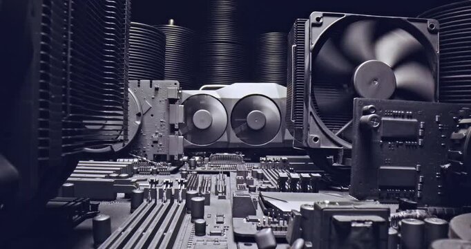 Close up of working motherboards and graphic card on board.