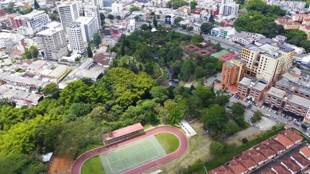 Aerial view of the city of Armenia, Quind&iacute;o, Colombia. Drone footage of Parque de la Vida in Armenia, Quind&iacute;o