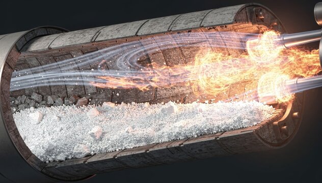 Medium shot capturing oxygenenriched environment inside a rotary kiln enhancing calcination of magnesite into pure reactive magnesium oxide with visible flame and gas flow.