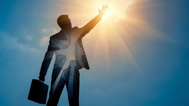 Businessman Silhouette Double Exposure Reaching Sunlight Dramatic Sky