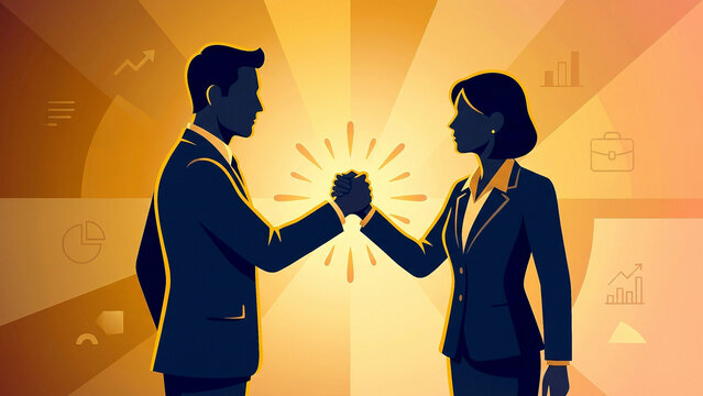 Business Silhouette Handshake Golden Sunburst Partnership Deal