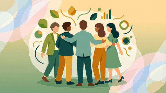 Diverse Team Flat Illustration Teamwork Unity Green Background