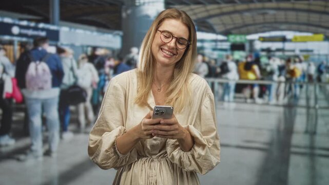 Blonde woman smiling and texting on a smartphone, hands holding device while waiting in a crowded airport terminal gate; travel joy.