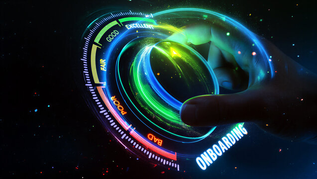 Futuristic digital onboarding process visualization with glowing performance meter and hand interaction effect