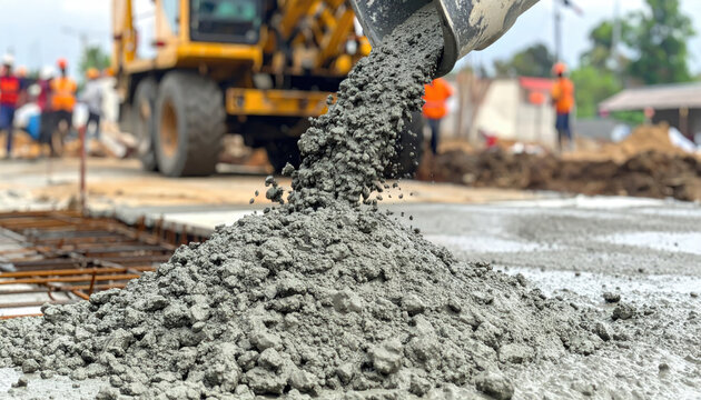 Pouring wet concrete from a chute onto a construction site with rebar reinforcement visible
