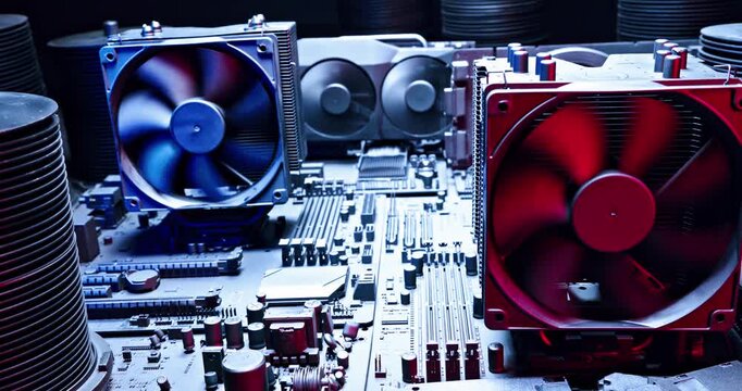 Working graphics card on motherboards with heatsink and fans.