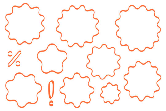 Hand drawn sale badges PNG, orange outline starburst labels with percent and exclamation icons, doodle style promotional stickers for ecommerce, marketing, retail, UI and design