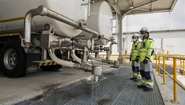Medium view capturing bottom loading arms filling tank trucks with caustic soda emphasizing secure chemical handling and operator safety in a controlled environment.