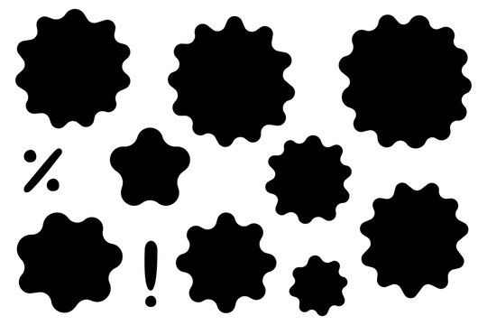 Badge shapes PNG set, black starburst labels, blank sale stickers collection, scalloped edge badges for ecommerce, marketing, branding, price tags, UI and design templates. High-res PNG