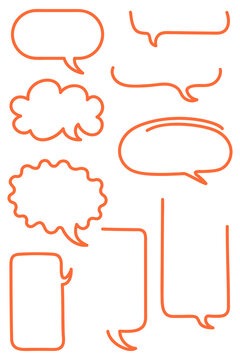 Hand drawn speech bubbles PNG set. Orange outline chat boxes, doodle style message clouds, comic talk bubbles for social media, stickers, messaging apps, comments, UI and design. High resolution PNG