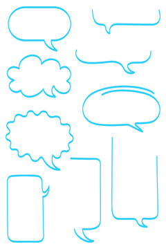 Hand drawn speech bubbles PNG set. Light blue outline chat boxes, doodle style message clouds, comic talk bubbles for social media, stickers, messaging apps, comments, UI and design. High-res PNG