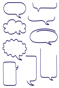 Hand drawn speech bubbles PNG set. Navy outline chat boxes, doodle style message clouds, comic talk bubbles for social media, stickers, messaging apps, comments, UI and design. High-res PNG