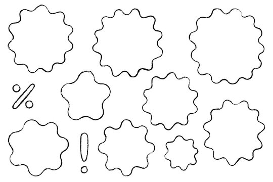 Sketchy chalk badge outlines PNG, hand drawn starburst labels with rough charcoal texture, percent and exclamation icons. Grunge sale stickers for ecommerce, comics, UI and graphic design projects