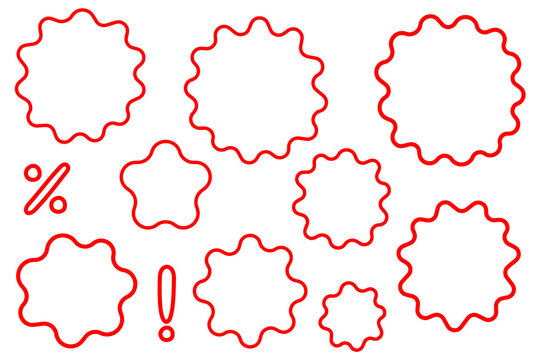 Chunky hand drawn sale badges PNG. Red outline starburst labels with percent and exclamation icons.  Sketch style promotional stickers for ecommerce, social media, marketing, retail, UI and ads