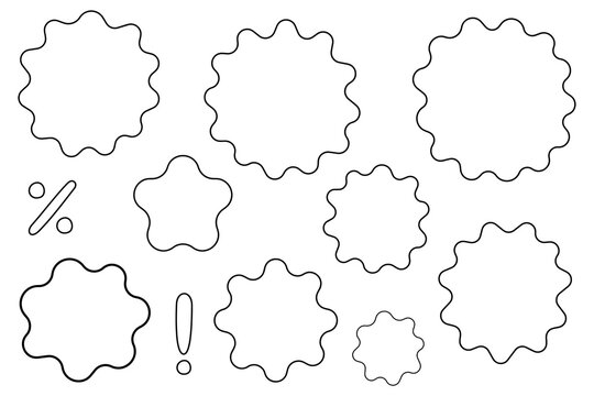 Hand drawn badge outlines PNG. Black starburst labels with percent and exclamation symbols, minimal sketch style sale stickers for ecommerce, marketing, UI, apps and web design. High-res PNG