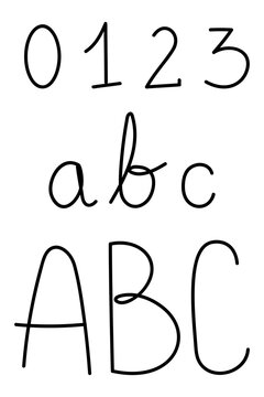 Hand-drawn alphanumeric characters PNG set with transparent background, including numbers 0&ndash;4, lowercase a b c, and uppercase A B C in sketch doodle style, perfect for UI design, educational materials