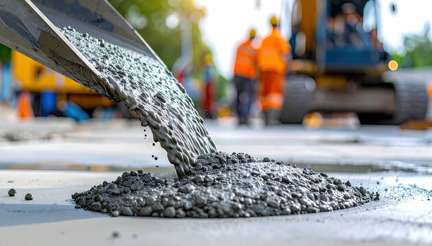 Close-up of wet concrete pouring from a chute onto a construction site with workers and machinery in the background