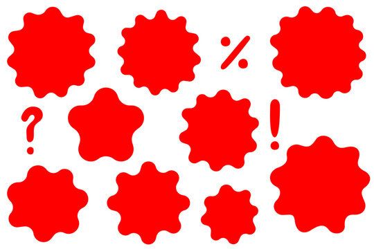 Hand drawn sale badges PNG. Red starburst labels with symbols, percent, question, exclamation marks, promotional stickers for ecommerce, retail, marketing, ads, UI and social media design. High-res