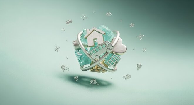 Universal Basic Services Concept with Gold House, Bus, and Heart Icons on Mint Ceramic