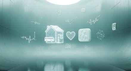 Fototapeta premium Futuristic Universal Services Hub: Holographic Icons in Minimalist Mint Architecture Void