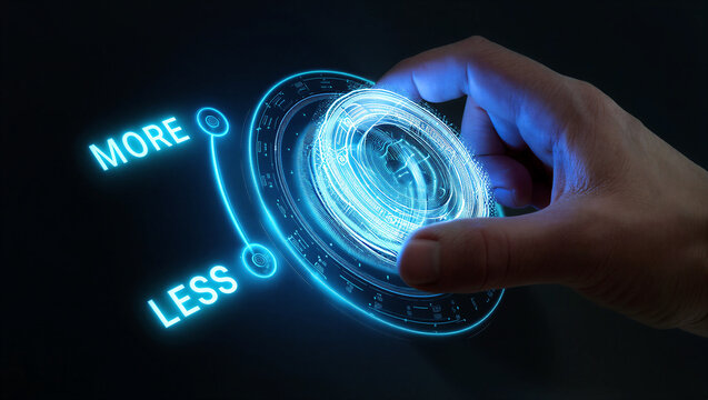 Futuristic hand interacting with a glowing digital interface showing more and less options in technology concept