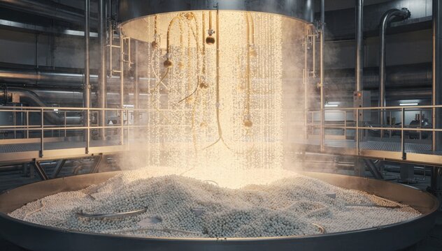 Medium perspective of a mixed nutrient prilling tower operation emphasizing the blend of molten feed materials forming consistent highquality fertilizer prills.
