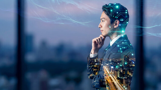 Asian Businessman Digital Double Exposure Night City Window