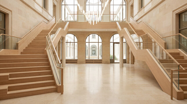 University foyer luminous central hall pale oak stair details glass balustrade bright spacious