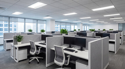 Fototapeta na wymiar Corporate office floor with cubicle partitions gray fabric and clean desk arrangement modern look