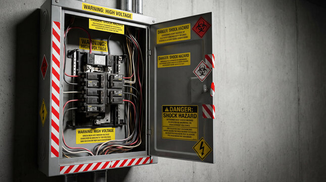 Electrical subpanel with yellow warning labels and red safety markings realistic industrial setting environment