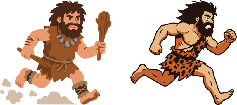 Cartoon illustration of two prehistoric cavemen running, one holding a wooden club, depicted in a dynamic flat vector style representing primitive life and movement.