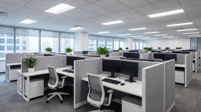 Corporate office floor with cubicle partitions gray fabric and clean desk arrangement modern look