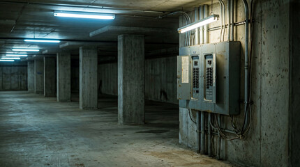 Naklejka premium Electrical service panel in dimly lit parking garage with concrete columns and pipes visible