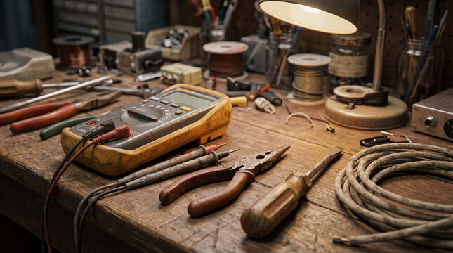 Electrical maintenance workspace with digital multimeter tester and needle nose pliers arranged neatly
