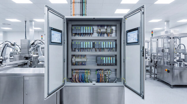 Open programmable control panel modules intricate wiring exposed technical close up industrial photography