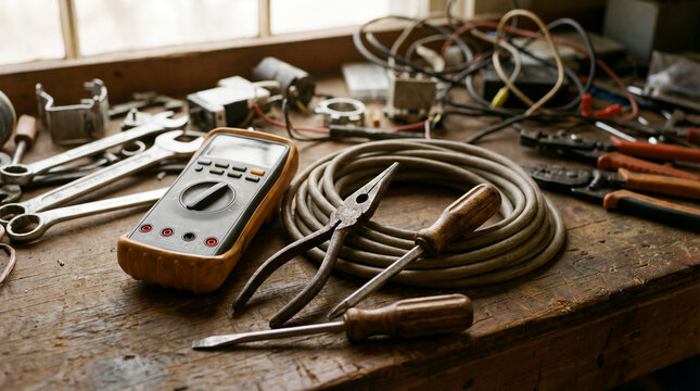 Electrical maintenance still life with digital multimeter tester and needle nose pliers tools