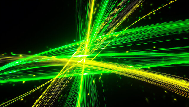 Vibrant glowing green and yellow abstract light rays radiating from center creating futuristic energy effect