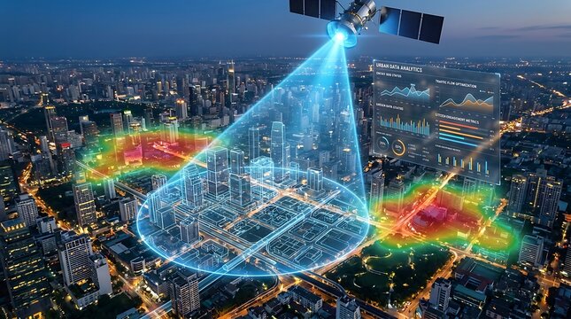 Satellite scanning urban city with real-time data analytics and heatmap overlays for smart traffic and citizen engagement optimization