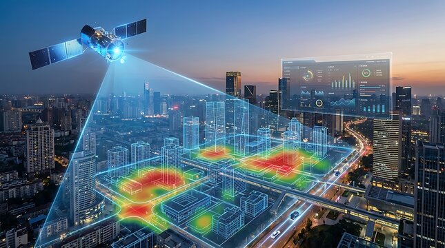 Satellite scanning urban cityscape with data visualization heatmap overlay and analytics dashboard at dusk illustrating smart city technology