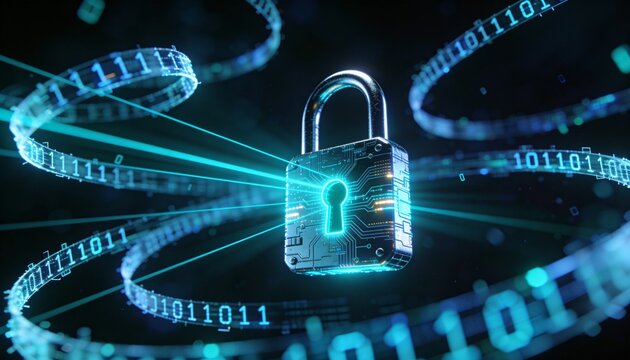 A security breach concept: glowing warning signs and data streams leaking through a digital lock	